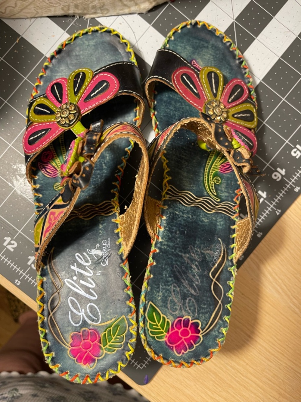 Leather slip on Sandals with Pink & Green Floral Accent
